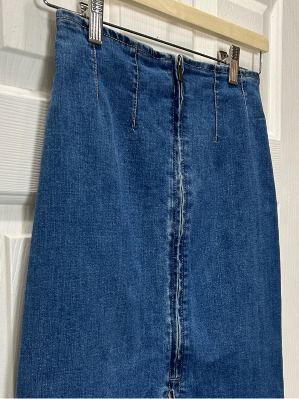AND NOW THIS Denim Midi Skirt Front Zip Slit Size S Blue - Picture 8 of 10